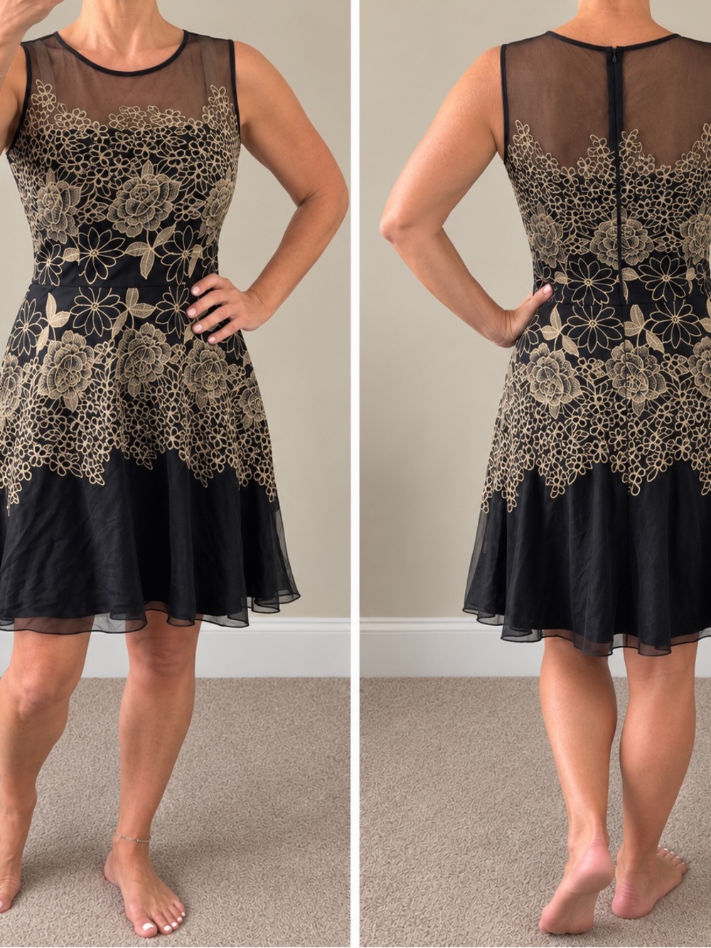 Tahari Arthur S. Levine Black & Gold Embroidered cocktail dress